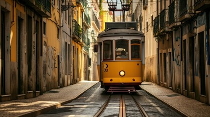 Romantic Lisbon street with the typical yellow tram and Lisbon Cathedral on the background - obrazy, fototapety, plakaty