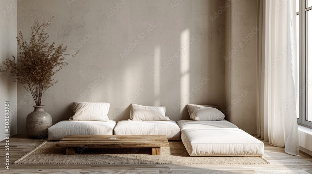 Canvas Prints minimalist loft decor, the minimalist loft interior is enhanced by the modern and understated furniture, like a low-slung sofa and a wooden coffee table, for a clean and uncluttered aesthetic