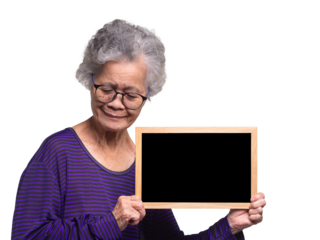 An elderly Asian woman holding a mini blackboard while standing on a transparent background.
