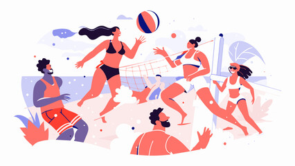 Vibrant Beach Volleyball Game Illustration with Active Players