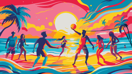 Vibrant Beach Volleyball Game at Sunset with Tropical Palms