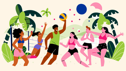 Tropical Beach Volleyball Fun with Energetic Players and Lush Foliage