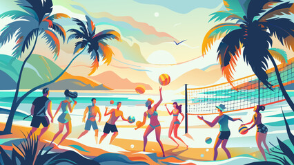 Vibrant Beach Volleyball Game at Sunset with Friends