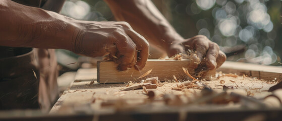 Concentrated craftsman shaping wood by hand, highlighting traditional carpentry skills.