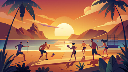 Tropical Beach Volleyball Game at Sunset Illustration
