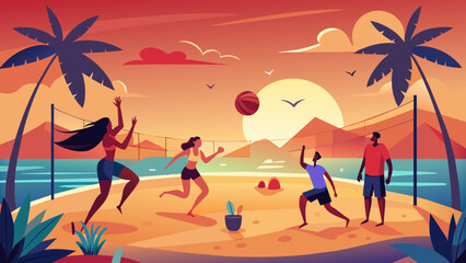 Vibrant Beach Volleyball Game at Sunset with Friends