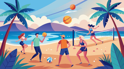 Vibrant Beach Volleyball Game with Energetic Players at Sunset