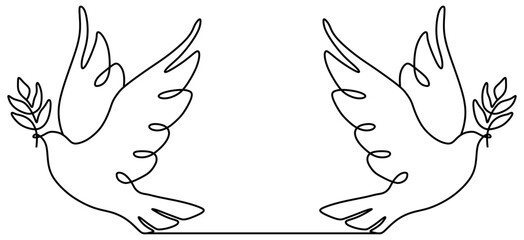 One continuous line drawing of dove of peace flying with olive twig. Bird and branch symbol of peace and freedom in simple linear style. Pigeon icon. Doodle vector illustration