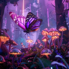 A purple butterfly with yellow spots flutters its wings in a magical forest. Glowing mushrooms light the way through the dark forest.