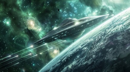 A futuristic spaceship travels at warp speed, surrounded by the mesmerizing lights and colors of a distant galaxy.