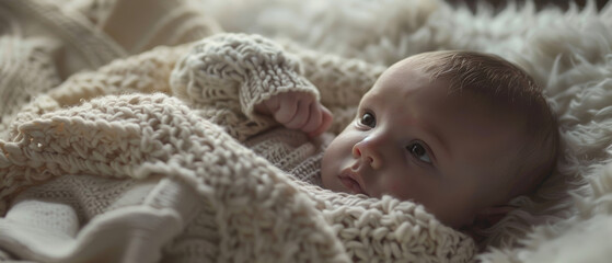 An infant gazes with wide-eyed wonder, snuggled in a cozy knitted blanket.