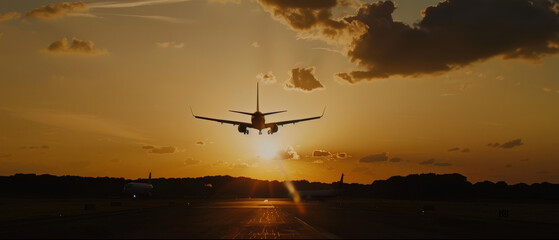Sunset silhouettes an airplane landing on a runway amid a tranquil evening sky.