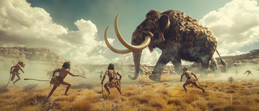 Primal hunters engage a mammoth under a vast desert sky, survival in the ancient world.