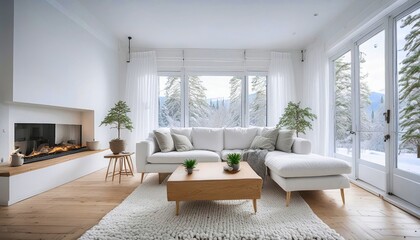 Stylish winter living room with a white sectional sofa, large windows to a snowy landscape, fireplace, wooden coffee table, and potted plants; a serene retreat.