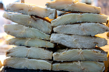 traditional bacalhau salted codfish in a market in Porto Portugal