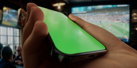 Smartphone with green screen in sports bar, perfect for app demos
