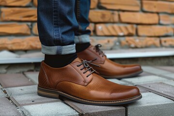 Close Up of Person Wearing Brown Shoes - obrazy, fototapety, plakaty