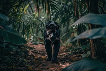 Black panther tropical forest walk. Mammal fur. Generate Ai