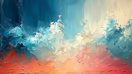 an abstract dynamic cloudy sky background, a vibrant, abstract painting that resembles a turbulent cloud formation, with bold strokes of blue, white, red, and turquoise