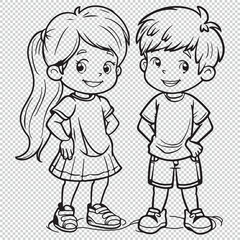 Black line art design of boy and girl, vector illustration for coloring book pages on transparent background