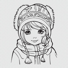 Black line art design of a girl, vector illustration for coloring book pages on transparent background