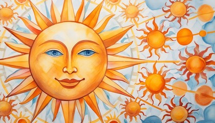 Watercolour illustration of the sun seen as a woman figure, surrounded by smaller suns in the background. Concept of yellow orange background, space, heat.