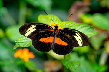 Beautiful Double-banded Red Postman butterfly rests among the foliage of a garden