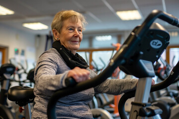 a senior woman running a treadmill in the gym,, elderly woman exercising on exercise bikes in the...