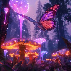 A beautiful glowing butterfly emerges from a magical glowing mushroom forest. The butterfly is surrounded by vibrant colors and a sense of wonder.