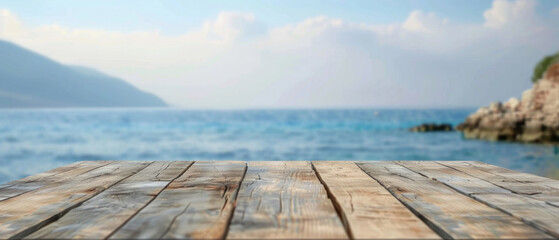 front view of empty raw wooden plank old table with blurred horizon ocean beach and cloudy blue sky background created with Generative AI Technology - Powered by Adobe