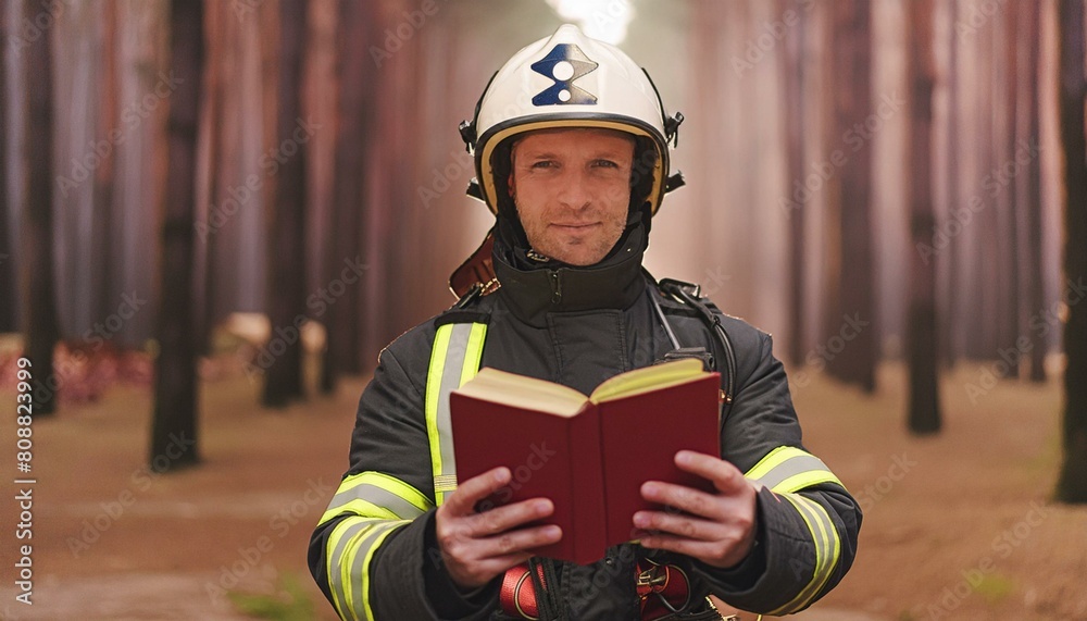 Wall mural a firefighter with the bible. firefighter has a book. - Wall murals
