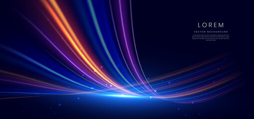 Abstract futuristic glowing neon multi color lines. Hi speed motion moving concept on dark blue background.