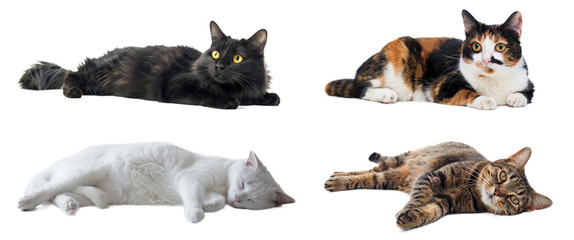 寝そべったポーズの雑種の猫、4種類の柄、背景透過
