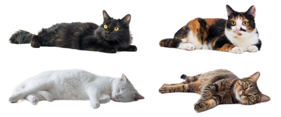 寝そべったポーズの雑種の猫、4種類の柄、背景透過
