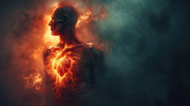 A human chest with an exploding heart inside, medical illustration, the image is dark and sad with dark colors.