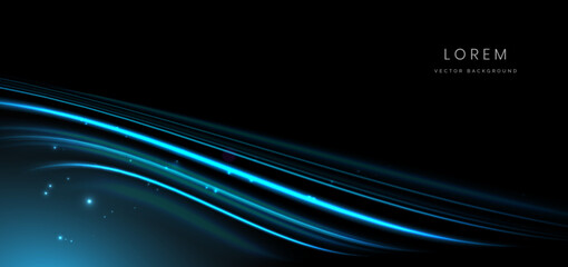 Abstract blue lines light ray glowing on black background with copy space for text.