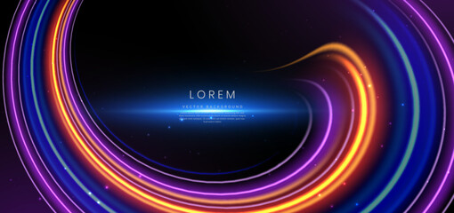 Abstract futuristic glowing neon multicolor curved lines. Hi-speed motion moving concept on dark blue background.
