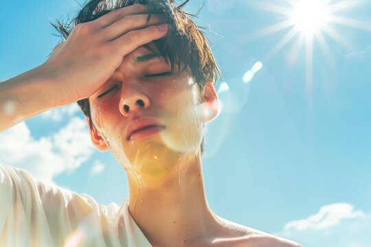炎天下の暑さで熱中症になりそうな日本人男性（真夏日・猛暑・脱水・日射病・酷暑・残暑）