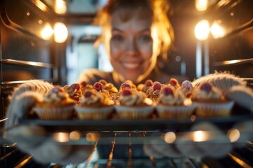 A woman carefully taking a baking tray filled with freshly baked golden-brown cupcakes out of the oven