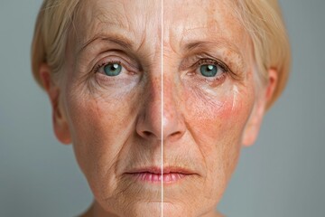 A senior woman face before and after the biorevitalization procedure, highlighting the rejuvenating effects on her skin