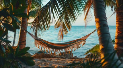 tropical relaxation, relax in a cozy hammock swaying between two palm trees, a serene summer spot ideal for unwinding and resting - obrazy, fototapety, plakaty