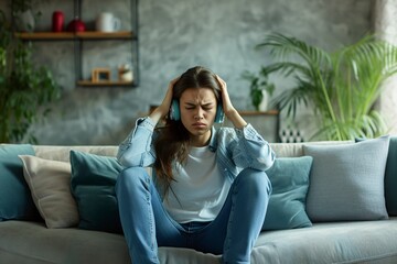 Fototapeta premium distraught woman sitting on sofa at home