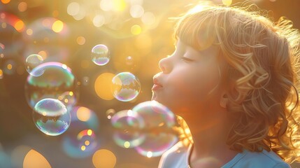 A child blowing bubbles with iridescent colors reflecting quantum foam, visualizing theoretical constructs of the universe at the smallest scales - obrazy, fototapety, plakaty