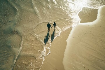 A couple taking a leisurely stroll along the seashore, their shadows stretching out on the sand, reflecting a carefree spirit