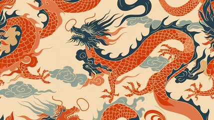 Vibrant dragons dance among clouds in an ornate Asian pattern