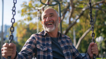 smiling and enjoying the expression of a middle-aged man enjoying a swing in a green park with golden sunlight