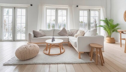 Bright, modern living room with white sofa, wooden table, and plush pillows, overlooking a snowy landscape — perfect for interior design.