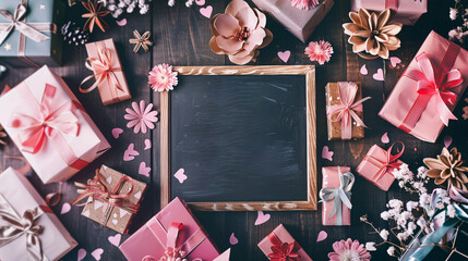 Mother's Day gift and greeting message in a small black board. - Powered by Adobe