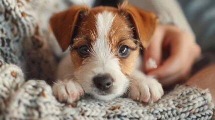 A small puppy receiving its first vaccination, clinician s hands in gloves, pet owners comforting hand visible, emotional and caring environment