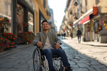 Obraz premium Confident Hispanic Man in Wheelchair on City Street